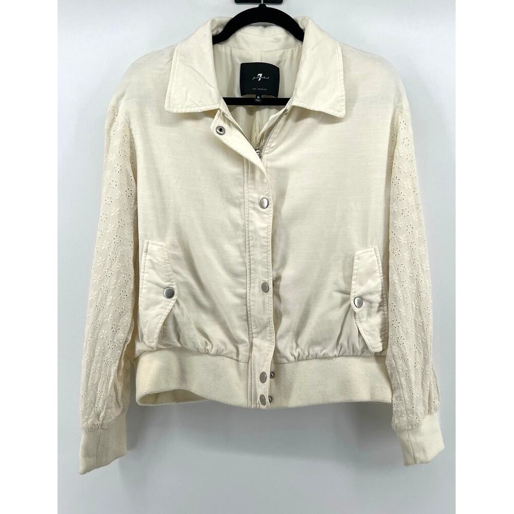 7 For All Mankin Women's Embroidered Eyelet Sleeve Bomber Jacket Size M Cream